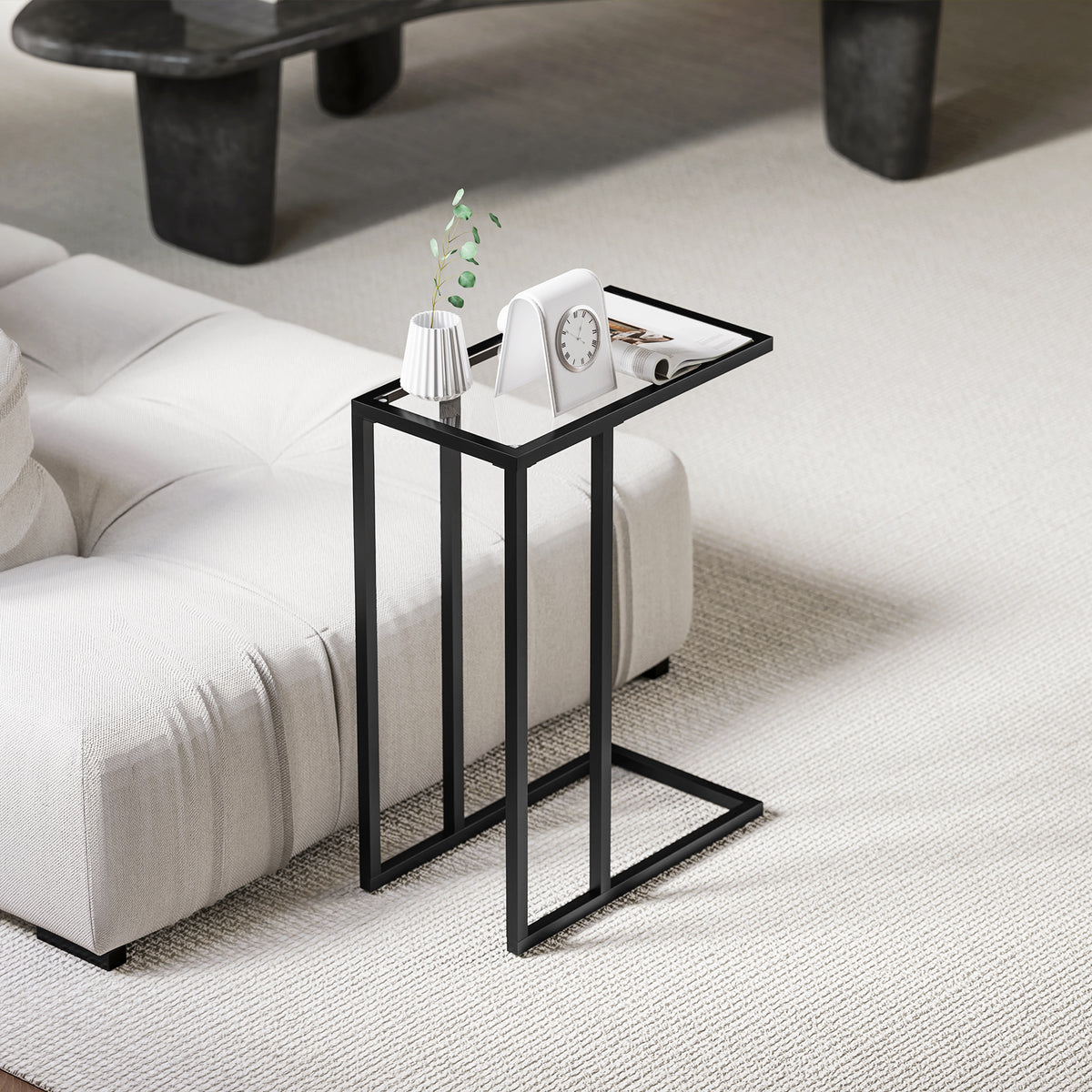 Table d'appoint en forme de C avec plateau en verre trempé, cadre en acier, noir-5