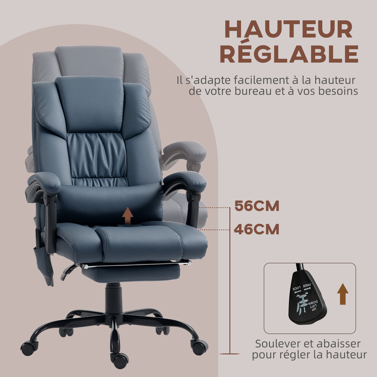 Fauteuil de bureau massant, repose-pied, hauteur réglable, dossier inclinable, télécommande filaire, 66x75x122cm, bleu-3