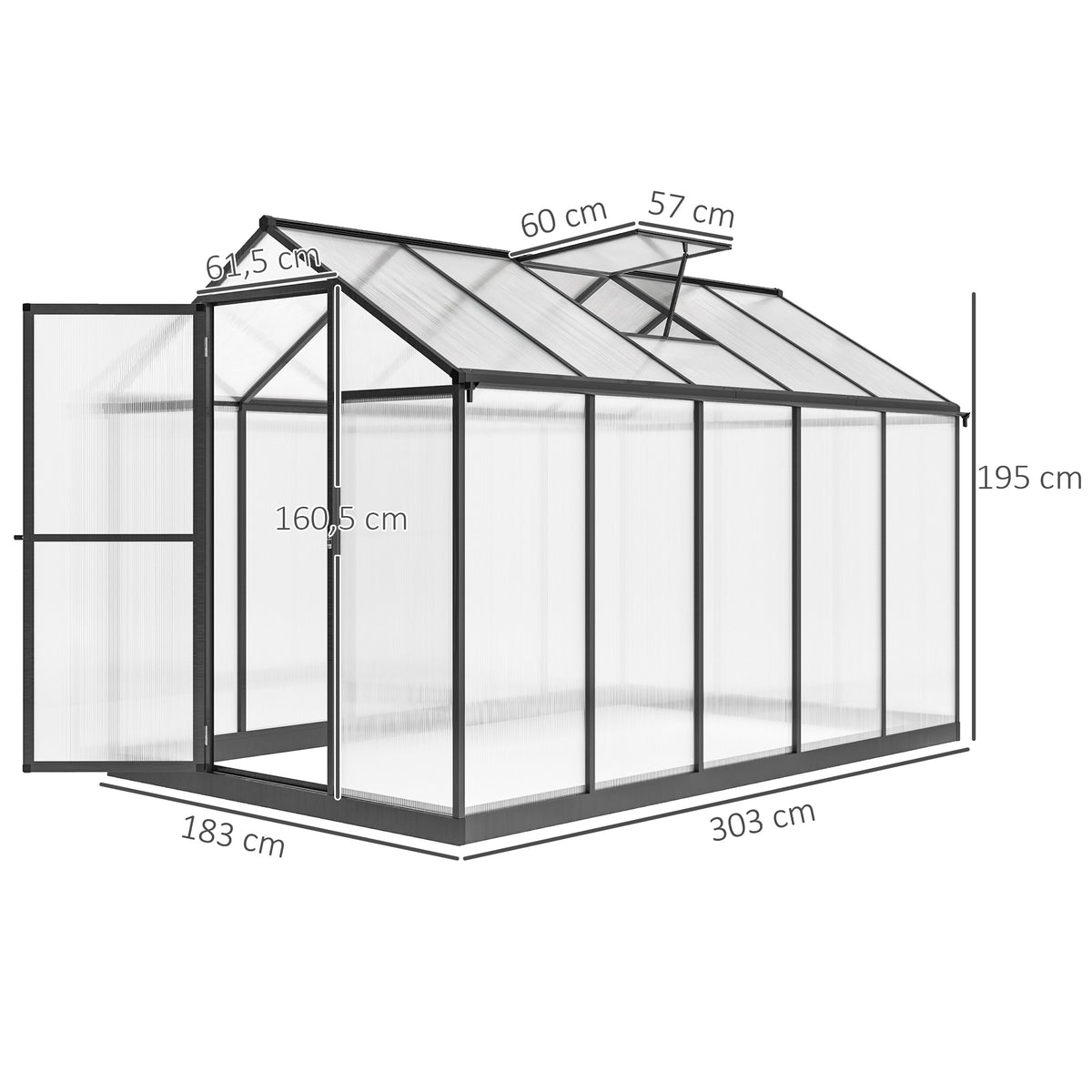 Serre de jardin en aluminium polycarbonate, serre avec fenêtres supérieures réglables 303x183x195cm transparent-2