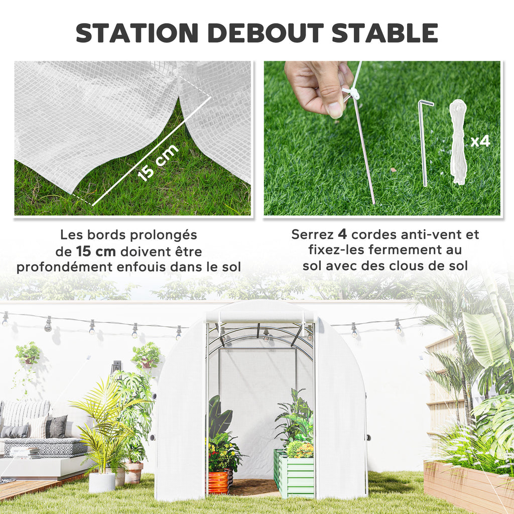 Serre de jardin tunnel serre tunnel 6 m² avec 6 fenêtres porte enroulable toile PE structure en acier galvanisé blanc-5