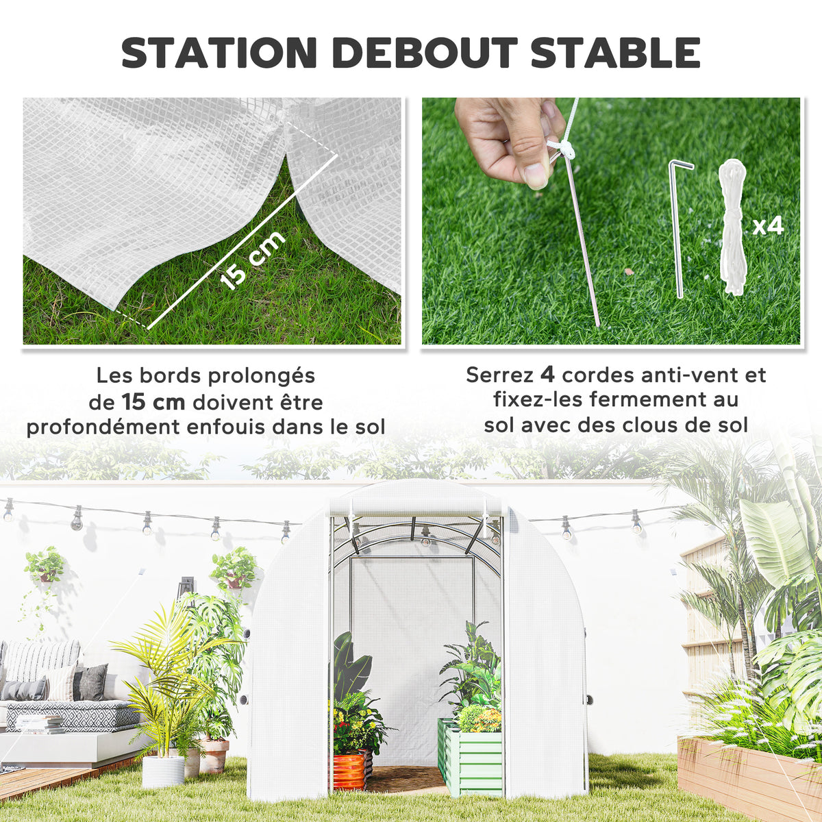 Serre de jardin tunnel serre tunnel 6 m² avec 6 fenêtres porte enroulable toile PE structure en acier galvanisé blanc-5