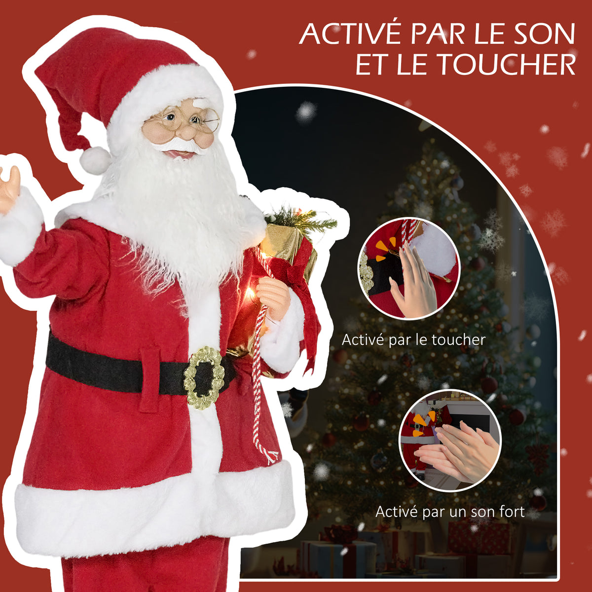 Figurine de Père Noël, debout de Père Noël, commande vocale, lumières LED scintillantes, bras pliables, 120 cm, rouge-3
