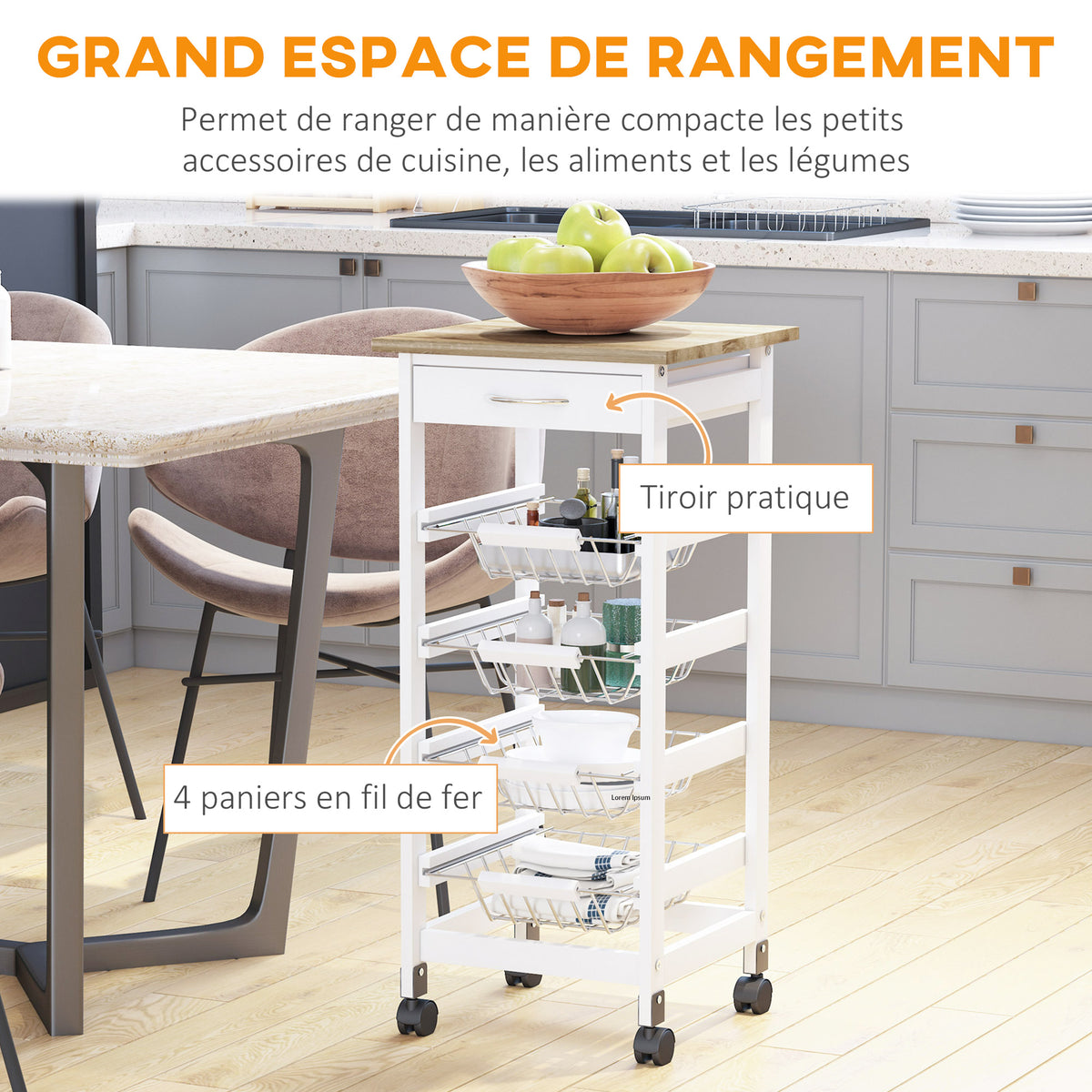 Chariot de service desserte à roulettes multi-rangements 4 paniers métal + tiroir bois de pin 37 x 37 x 82 cm blanc-3