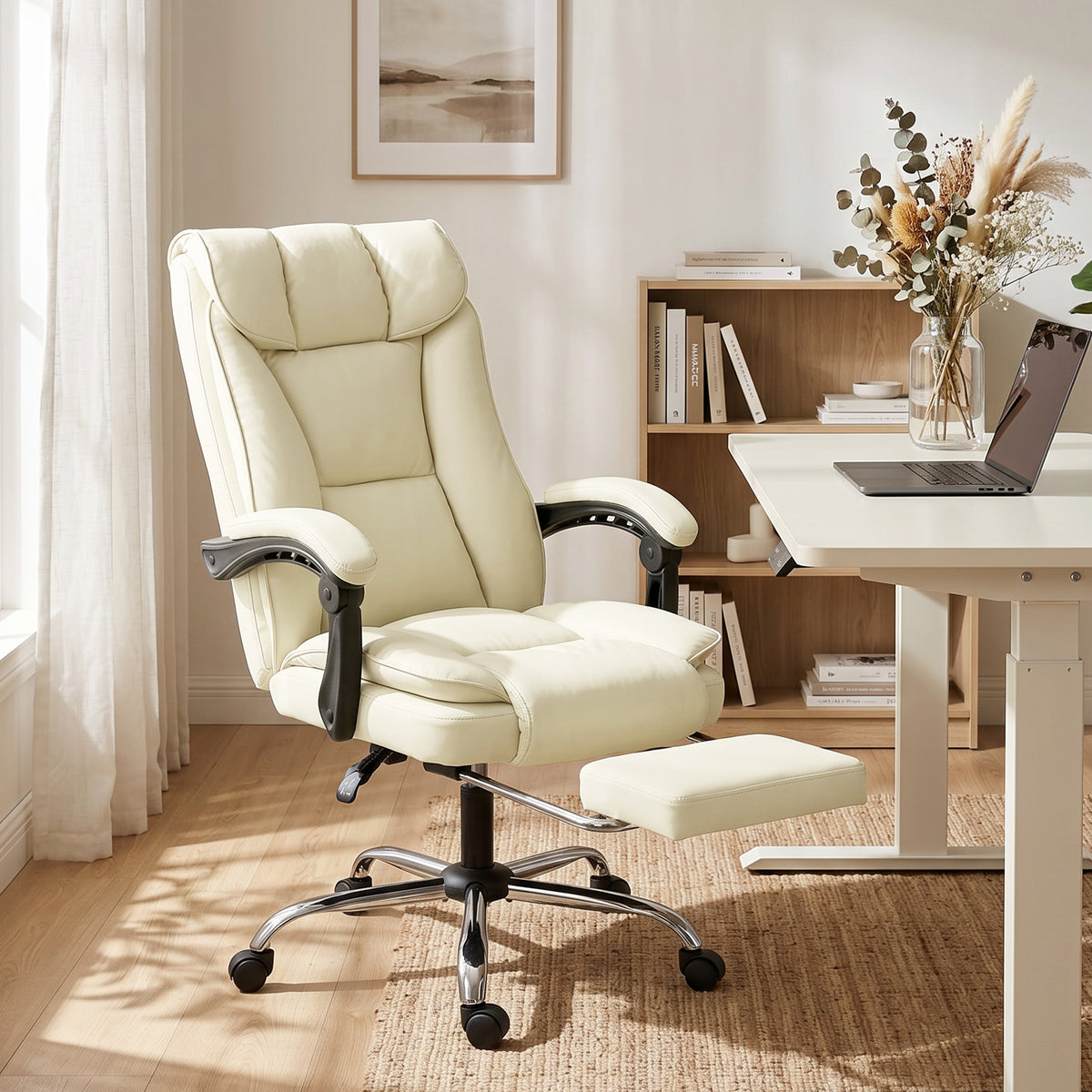 Chaise de bureau ergonomique, fauteuil de bureau inclinable avec repose-pieds, hauteur réglable, pivotante 360°, beige-1
