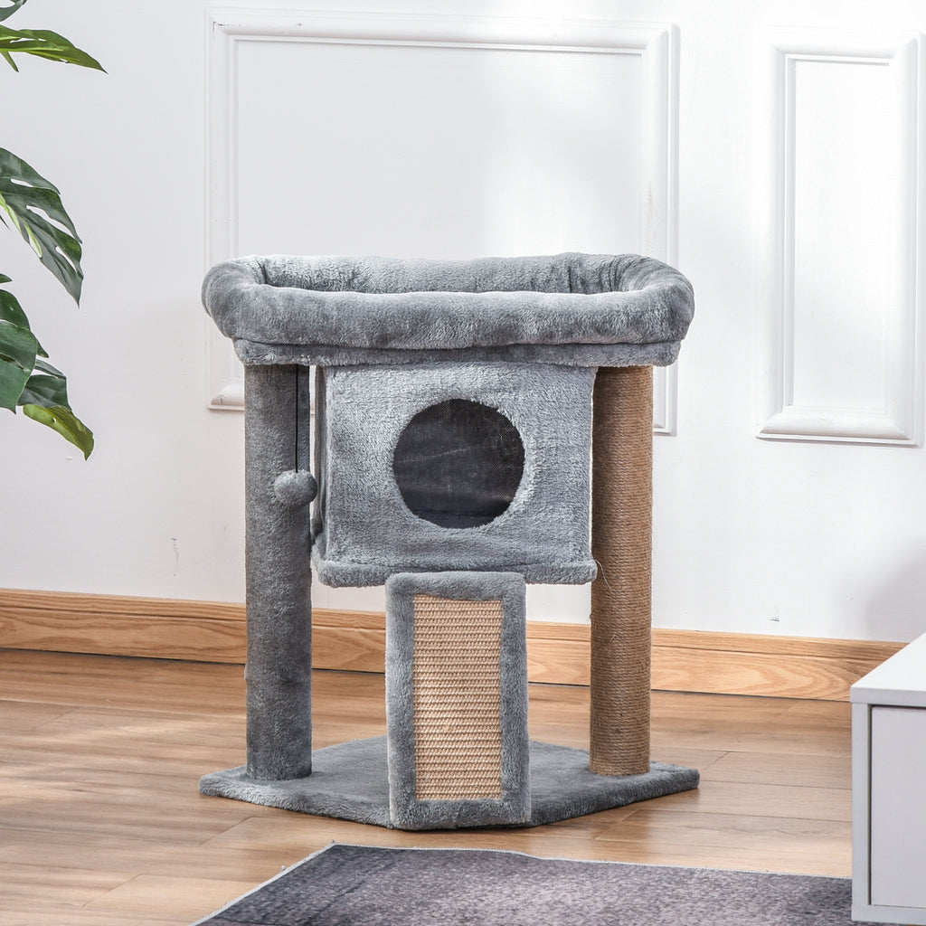 Arbre à chat hauteur de 57 cm avec griffoir en jute, niche, plateforme et balle de jeu, en tissu peluche gris clair-1