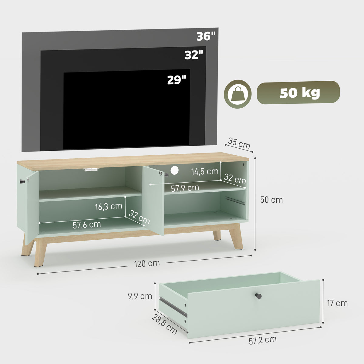 Meuble TV 120 cm, meuble télé pour téléviseur jusqu'à 36 pouces avec 2 portes, tiroir, compartiment ouvert, vert clair-2
