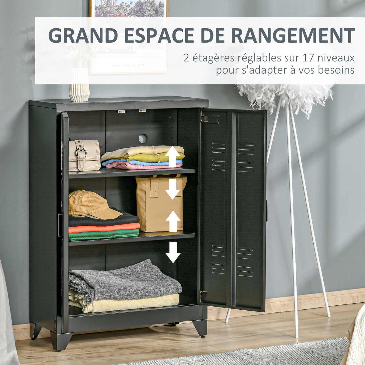 Armoire de Rangement métal Garde-robe Caisson de dossier Armoire Bureau sur pied Style Industriel - 2 étagères - Noir-3
