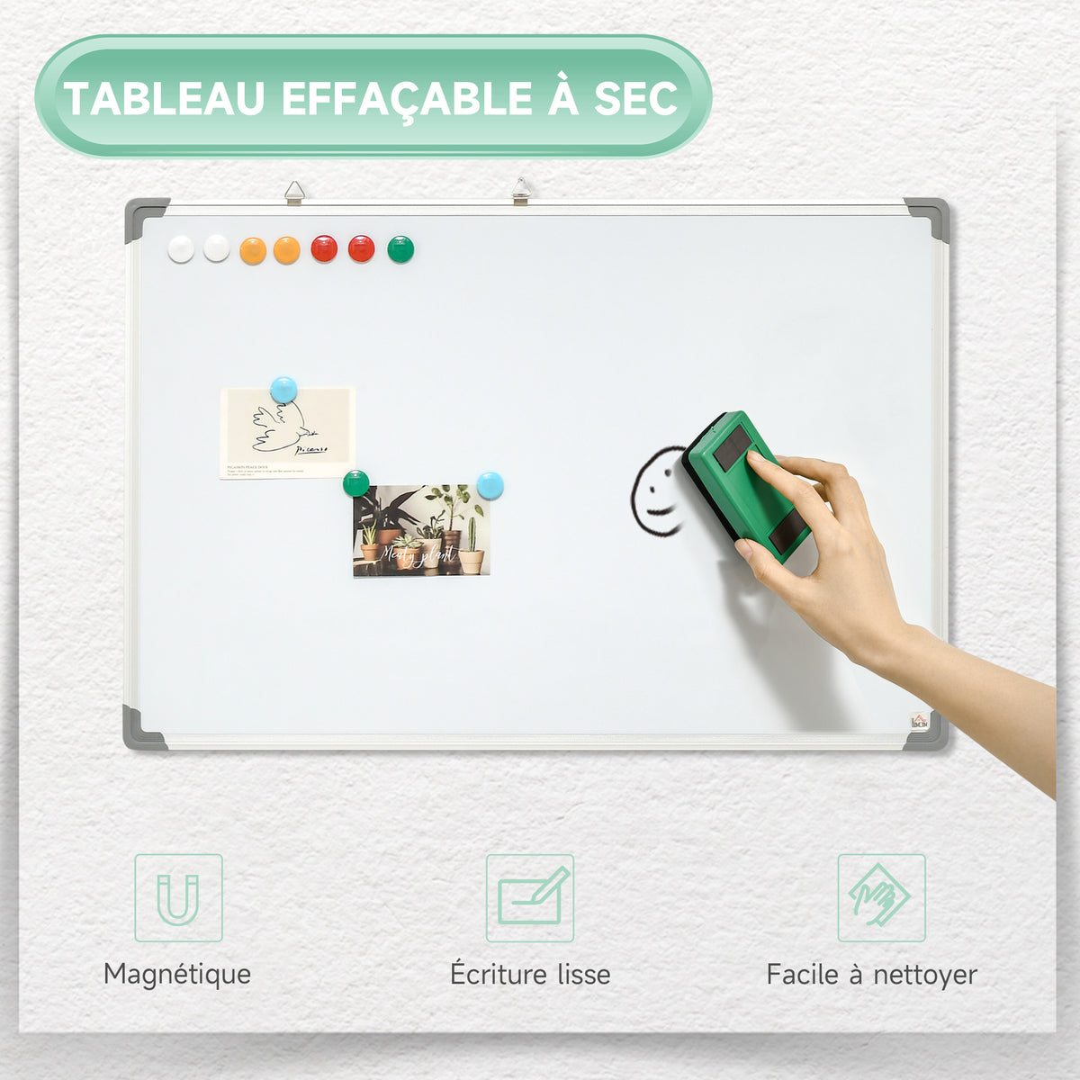 Tableau blanc magnétique cadre aluminium 90 x 60 cm avec feutres, effaceur et aimants-3