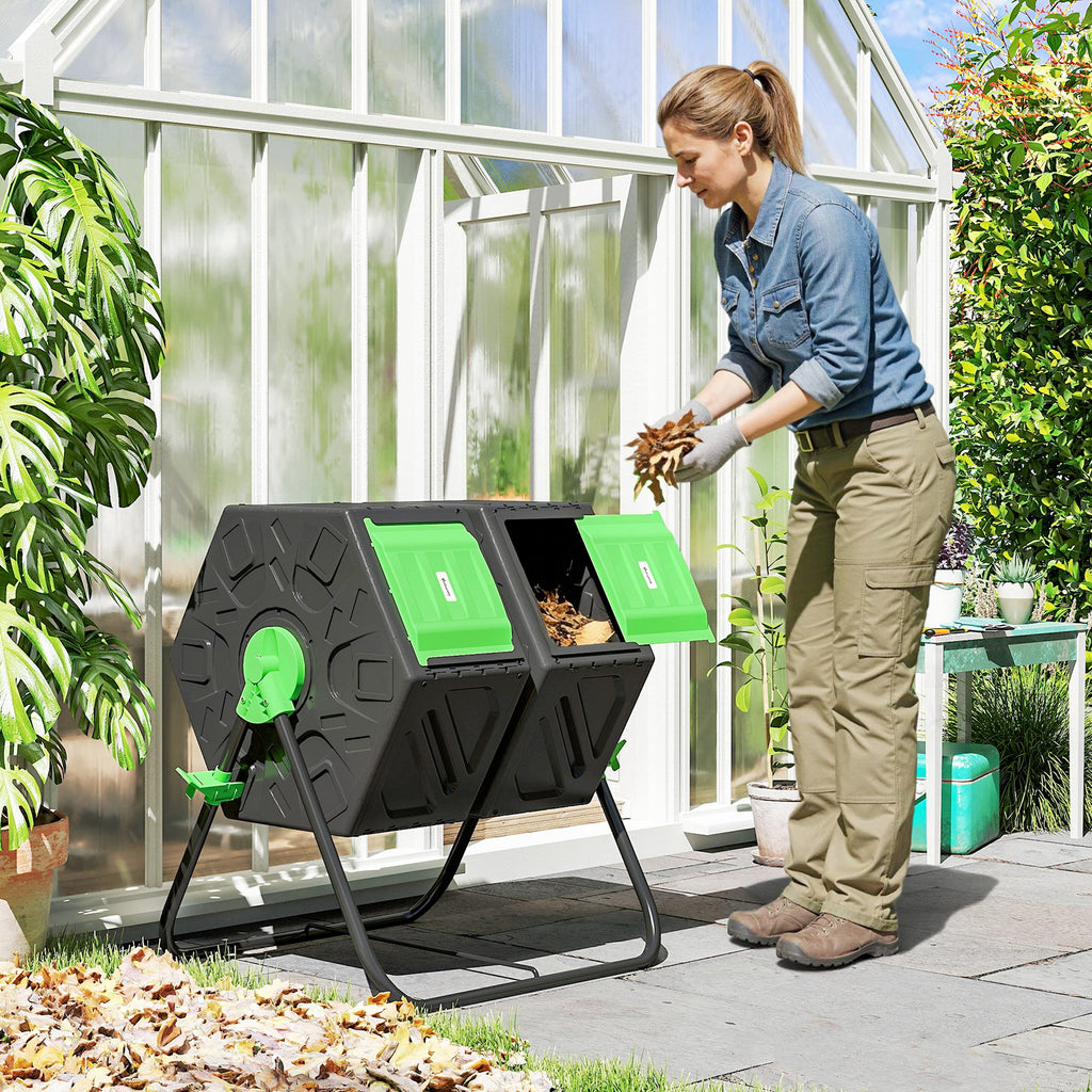 Composteur de jardin bac à compost pour déchets rotatif 360° double chambre 130 L acier PP 67 x 60 x 77 cm noir-9