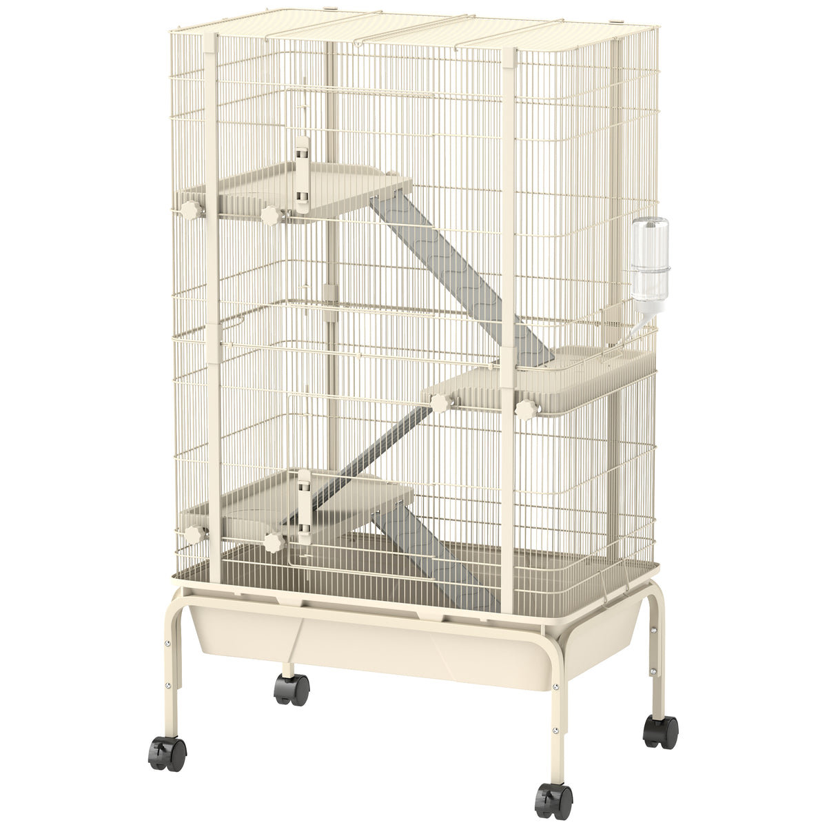 Cage pour lapin enclos à 4 niveaux avec 2 portes 3 rampes plateau profond roulettes 69 x 44 x 120 cm beige-0