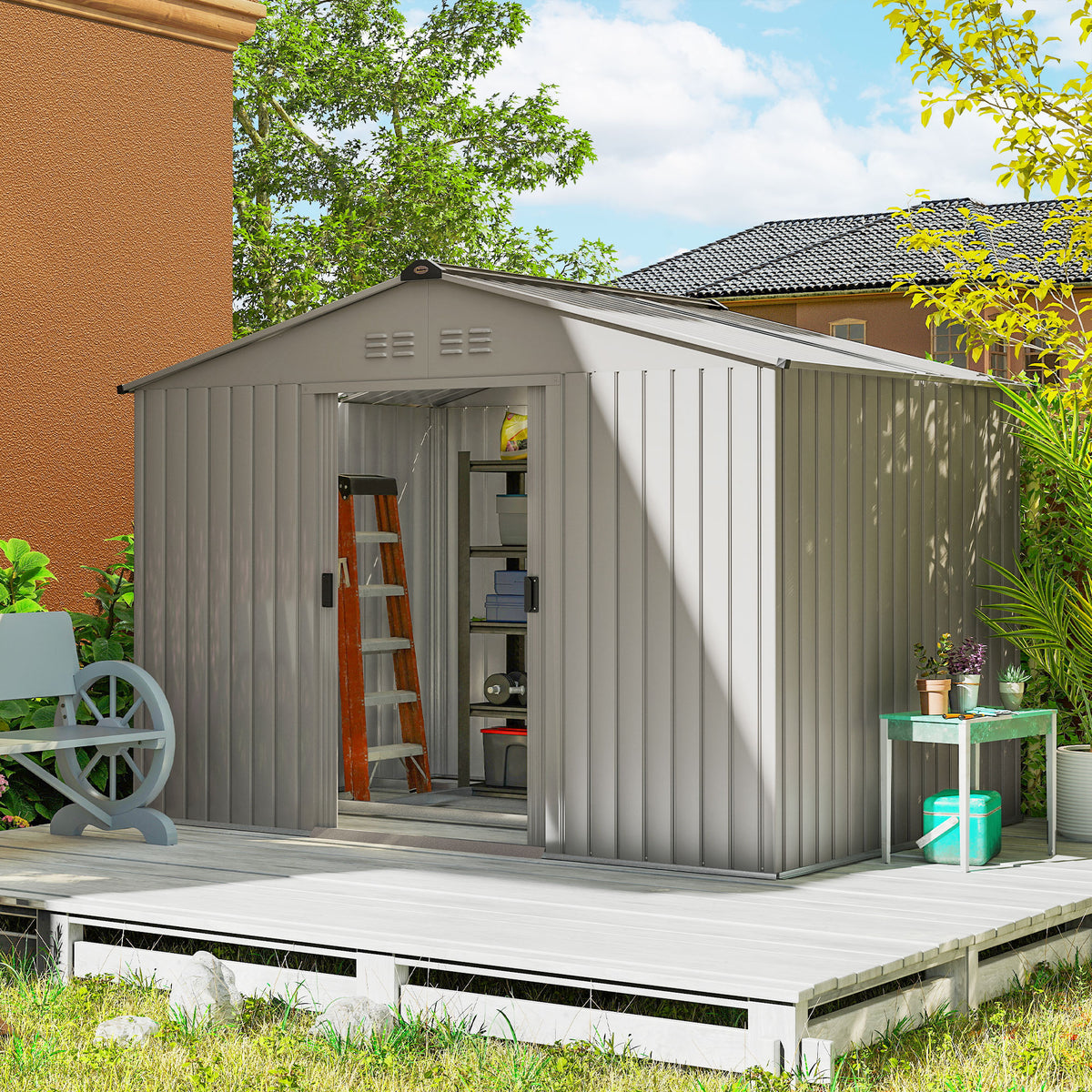 Abri de jardin 5,4 m² dim. 2,77 x 1,95 x 1,92 m fondation incluse porte coulissante ventilations tôle acier, anthracite-1