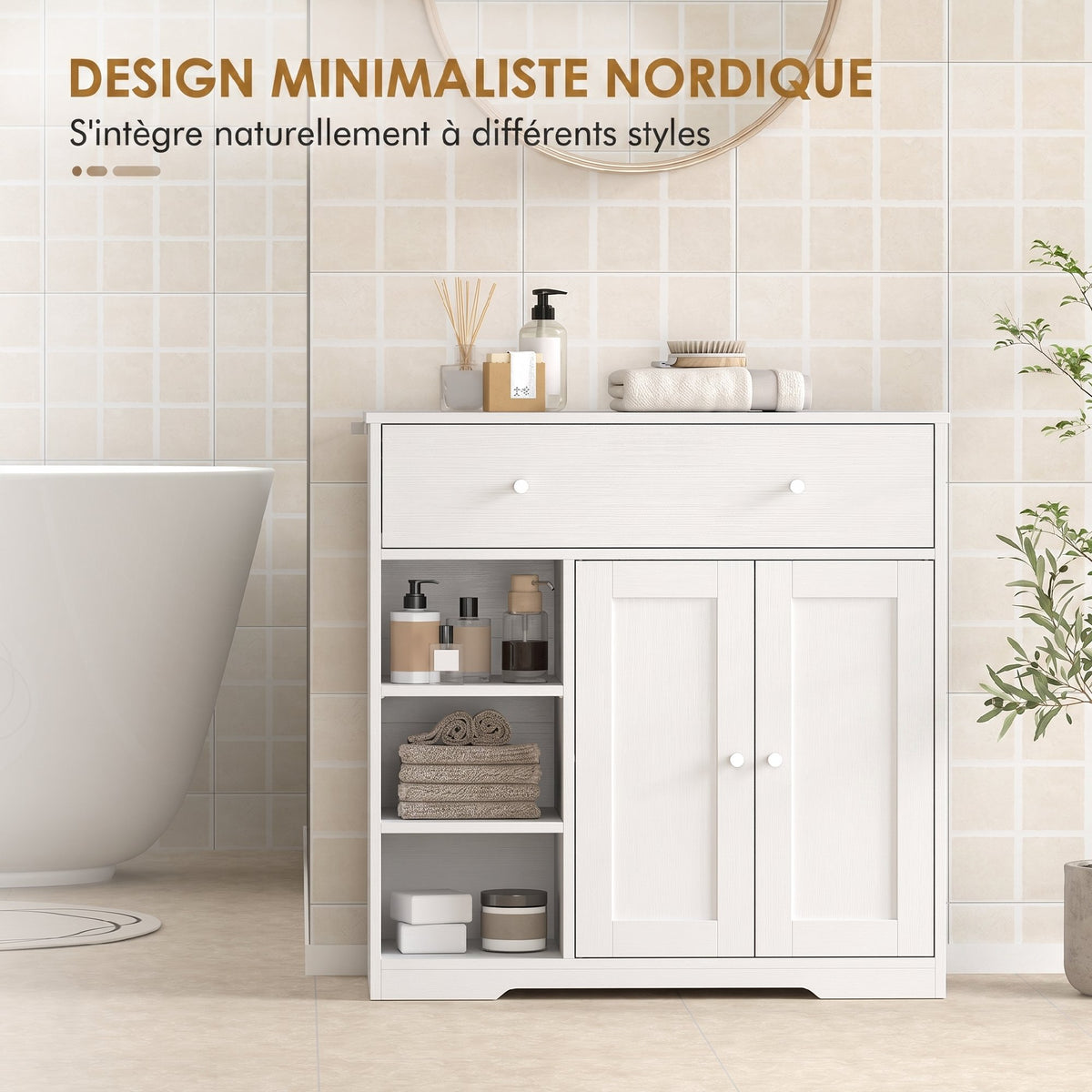 Meuble de Salle de Bain avec 1 Tiroir, 2 Portes, 3 Compartiments Ouverts, Style Scandinave, 80x30x80,2cm, Blanc-5