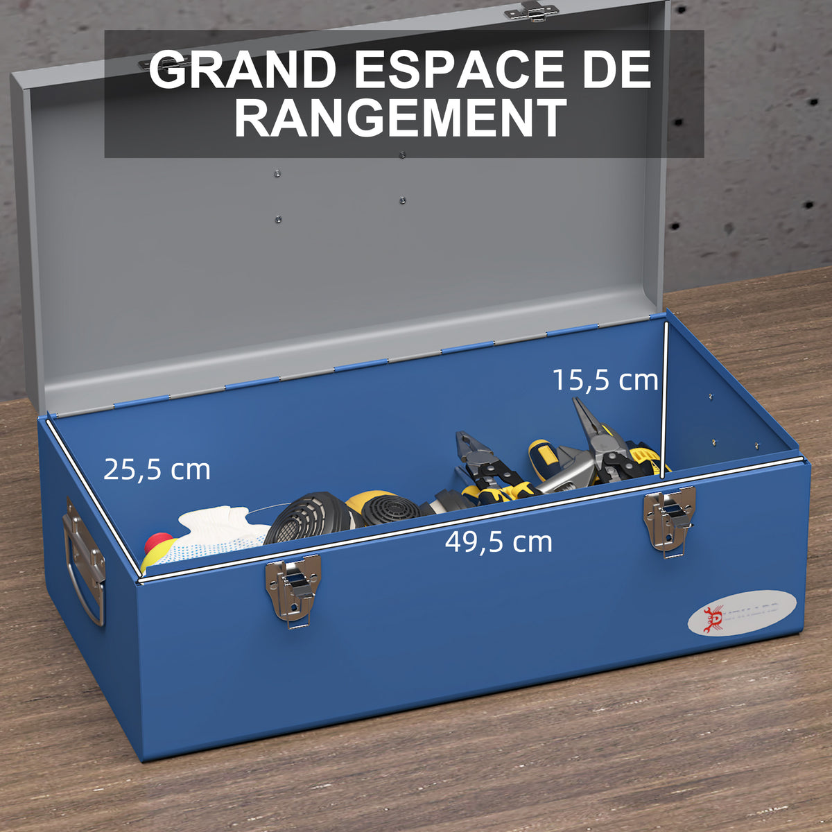 Caisse boite à outils en métal transportable avec 3 poignées, 2 loquets, dim. 50L x 26l x 18,5H cm, bleu-4