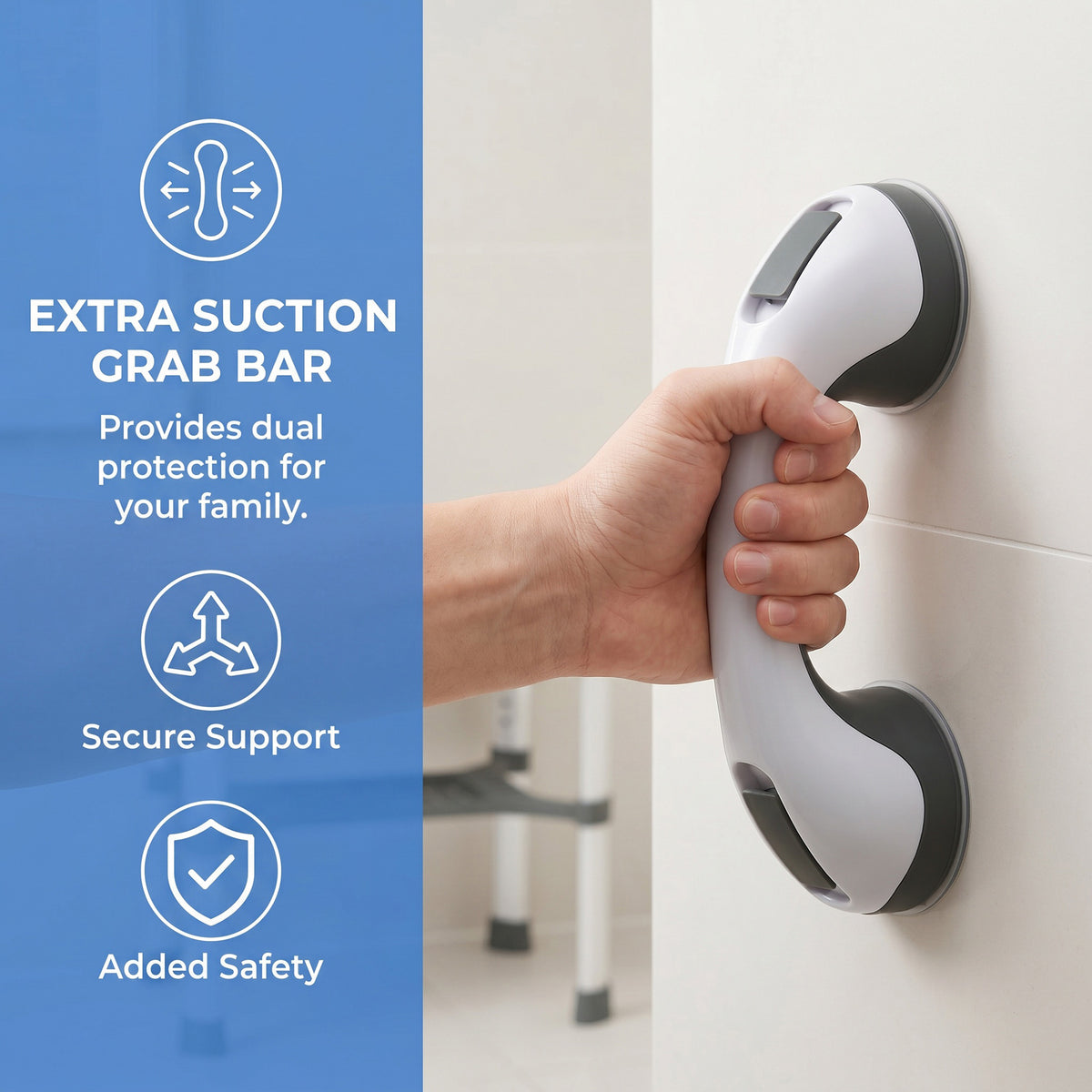 Tabouret de Douche Hauteur Ajustable avec Étagère Intégrée et Barre d'Appui à Ventouse pour Seniors et Handicapés, Gris-7