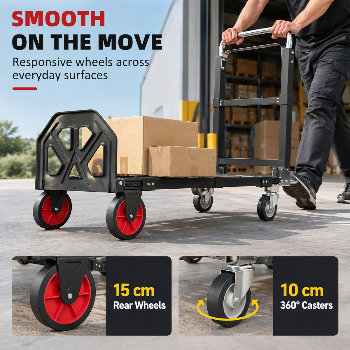 Diable Pliable 2 en 1 Extensible 220KG Pliage Plat Chariot Plateforme Acier Poignée Réglable Roues 360° 112x41x92cm Noir-7