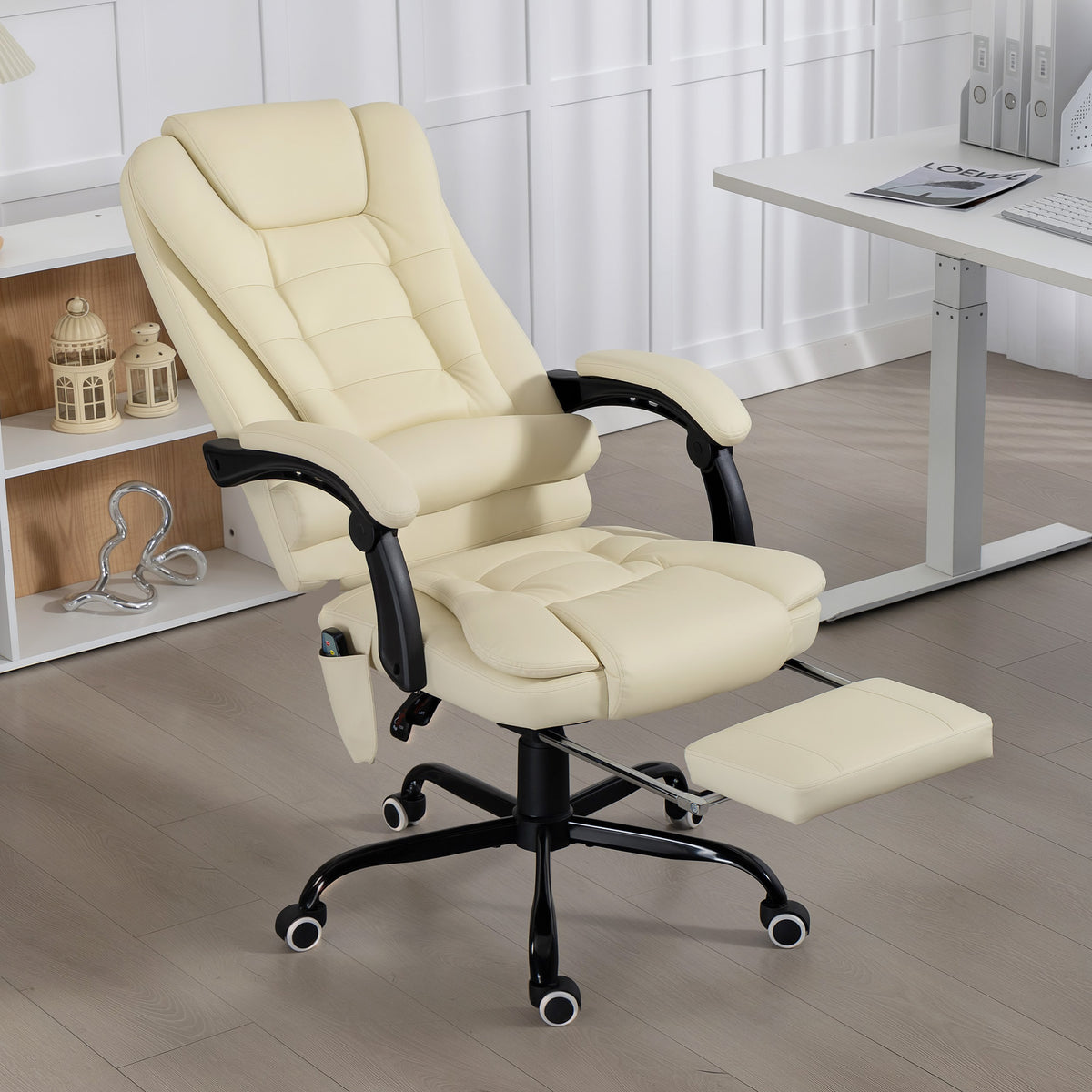 Fauteuil de bureau massant, chaise de bureau avec hauteur réglable, dossier inclinable et télécommande filaire, beige-8