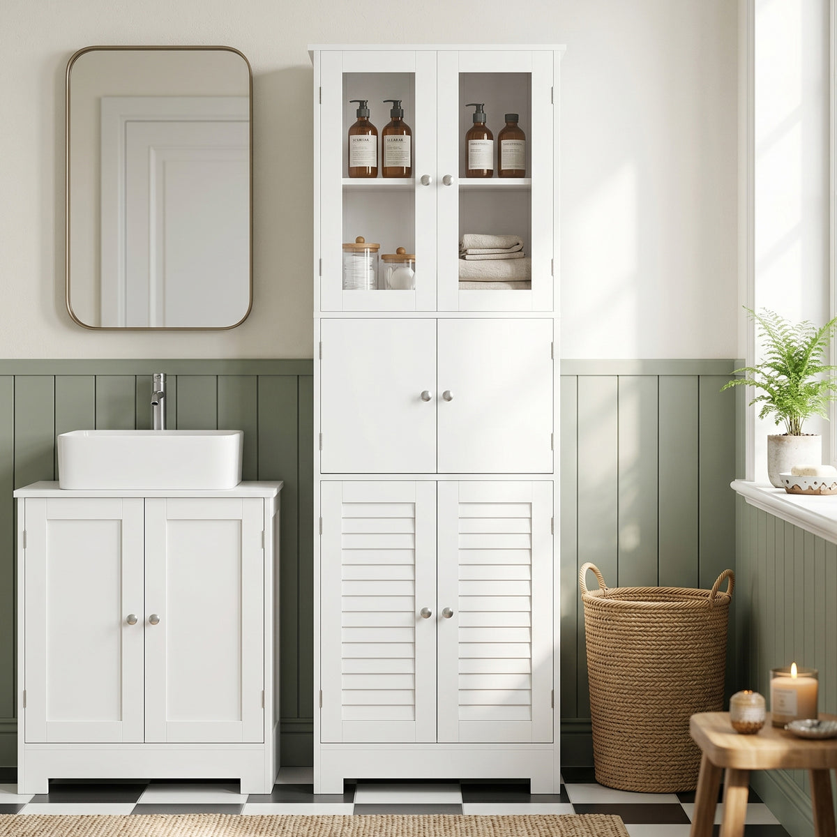 Meuble de salle de bain haut, meuble de rangement avec 6 portes dont 2 vitrées et 2 persiennes, étagère réglable, blanc-1