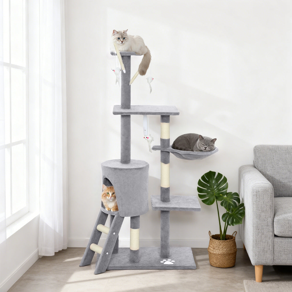 Arbre à Chat Tour de Jeux pour Chats Stable Multi-Niveaux avec Niche 3 Plate-Formes Hamac 60x35x134cm Gris-9