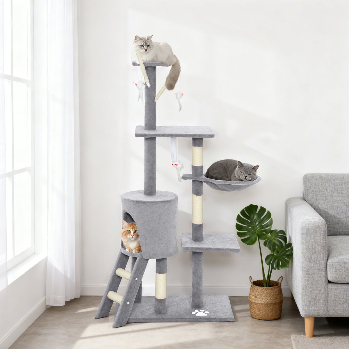 Arbre à Chat Tour de Jeux pour Chats Stable Multi-Niveaux avec Niche 3 Plate-Formes Hamac 60x35x134cm Gris-9