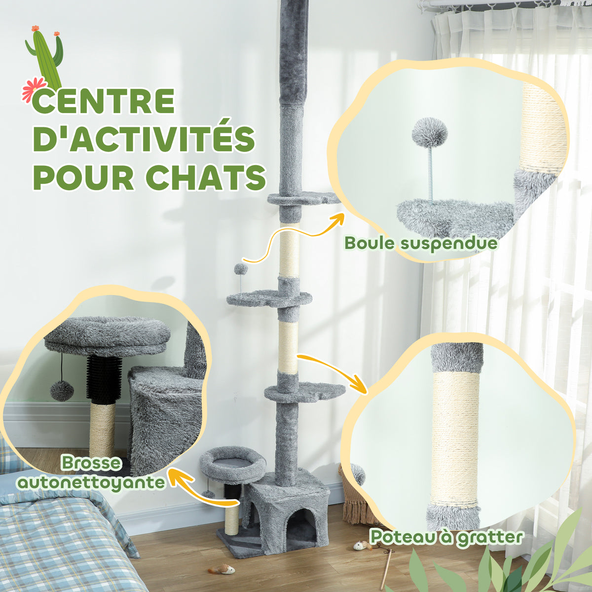 Arbre à chat du sol au plafond, tour à chat réglable en hauteur 225-255 cm à plusieurs niveaux, revêtement peluche, gris-4