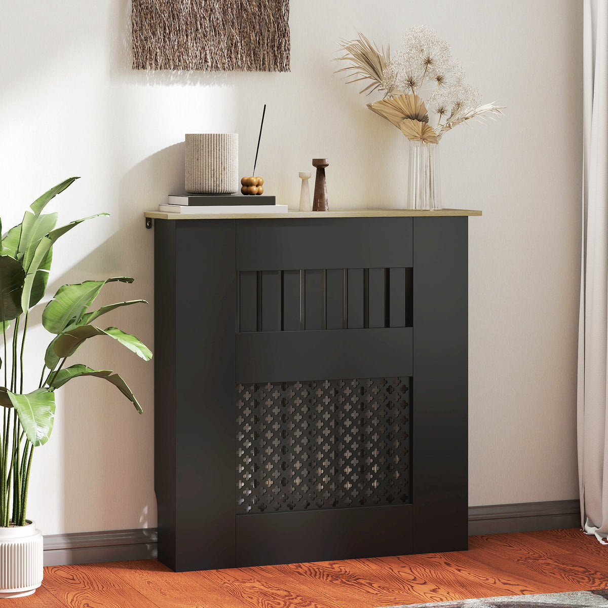 Couvercle de Radiateur en Bois à Lattes avec Détails Croisés et Étagère Supérieure, 78 x 19 x 81 cm, Noir-9