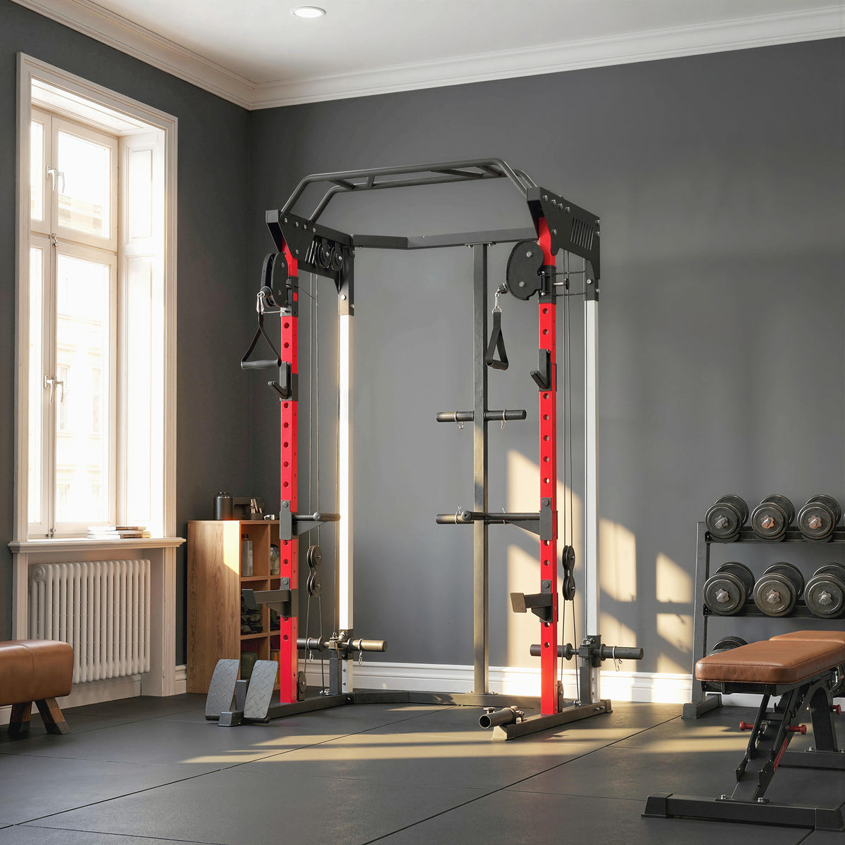 Station de Musculation Power Rack 900kg Double Poulie Réglable 19 Niveaux Home Gym Complet pour Entraînement Force Noir-1