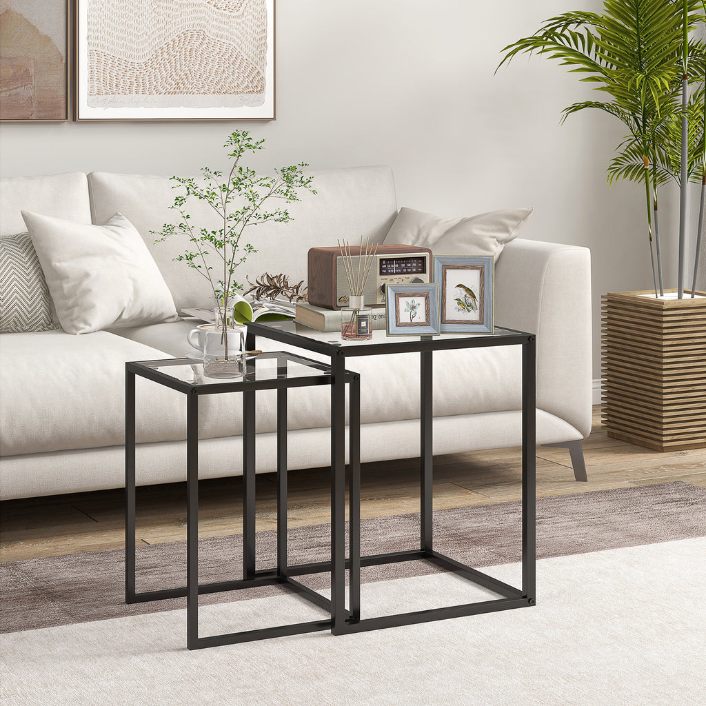 Lot de 2 tables basse gigogne, tables d'appoint empilable, plateau verre trempé cadre acier, patins antidérapants, noir-1