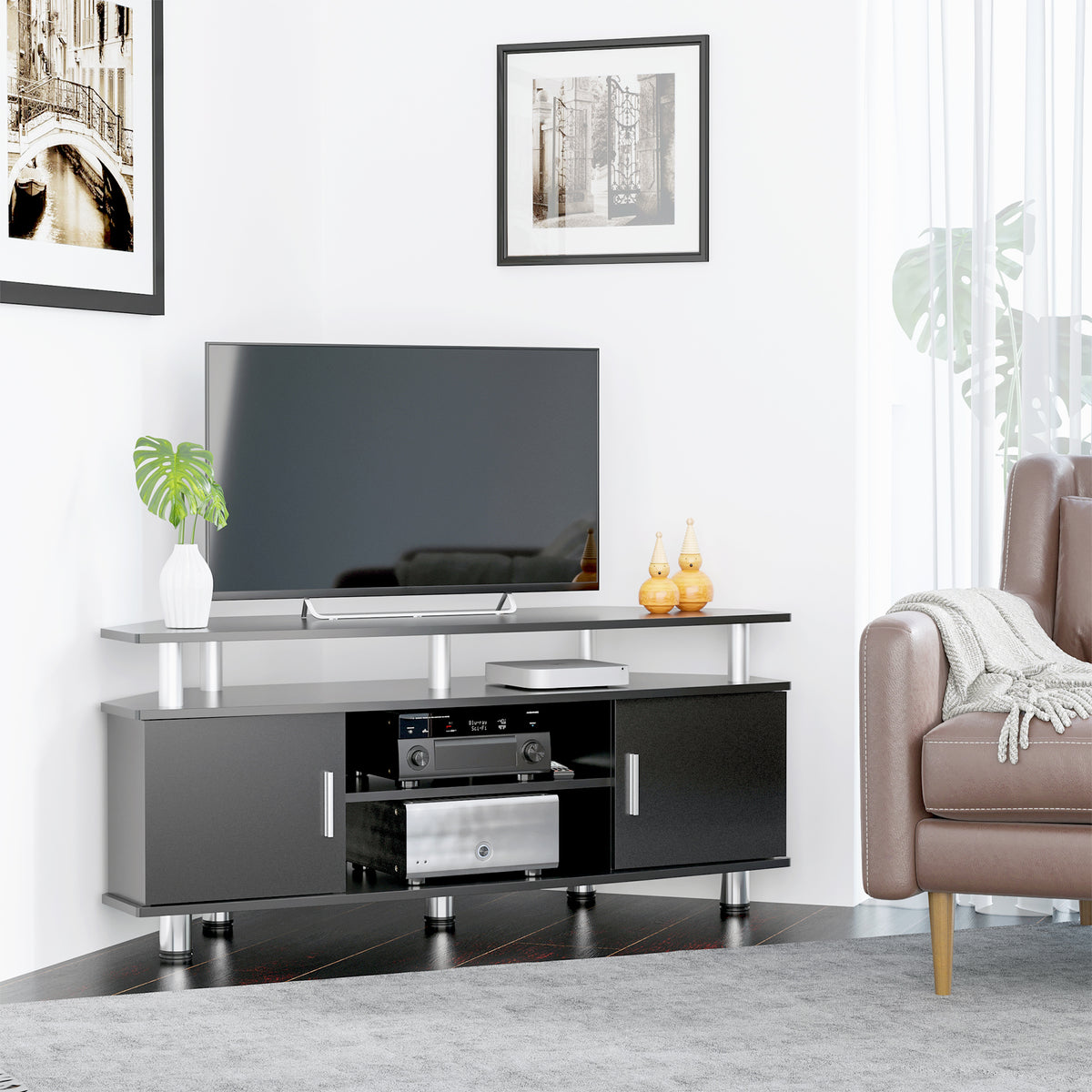 Meuble TV meuble télé bois banc TV pour téléviseur jusqu'à 55 pouces avec grand plateau, placards à portes et-3