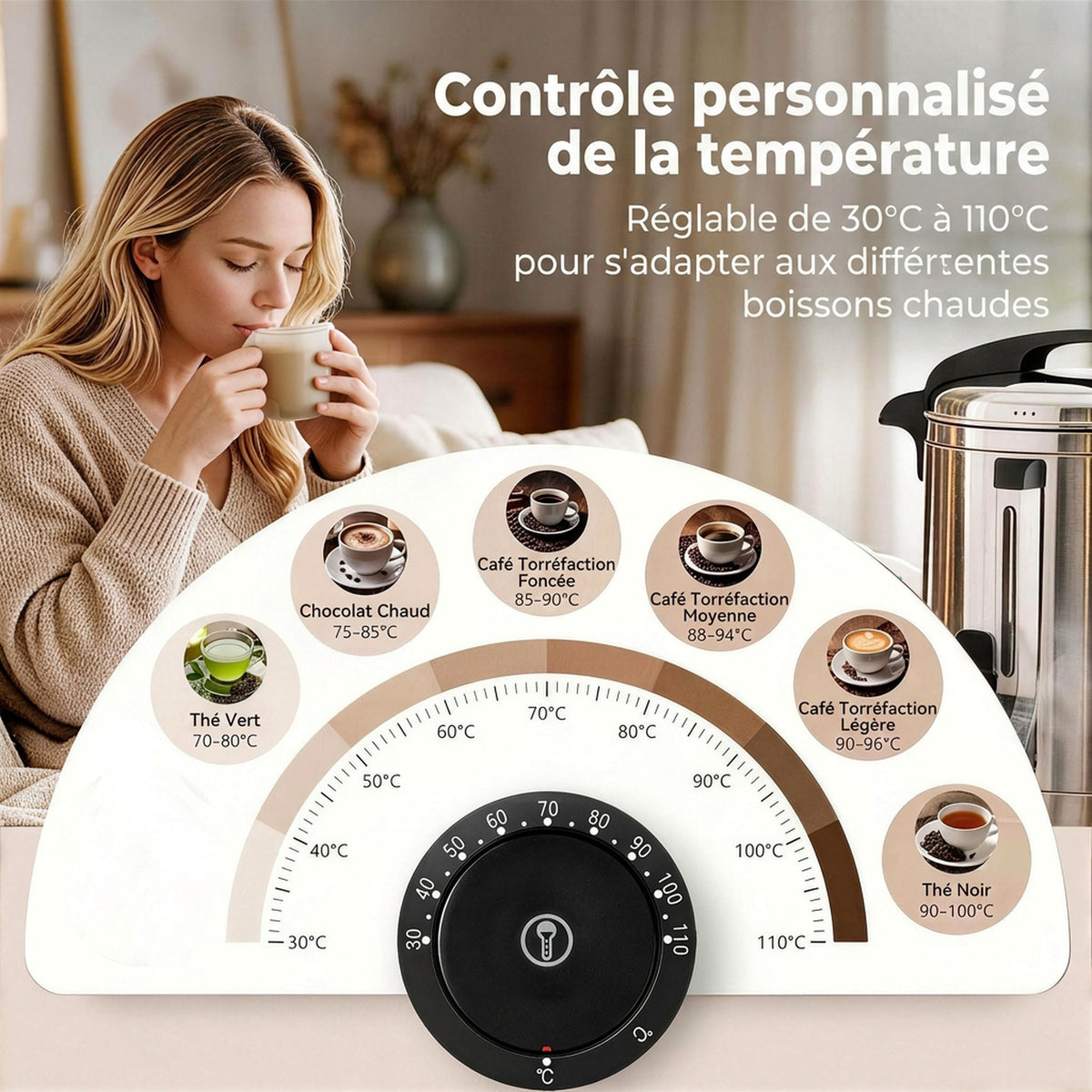 Distributeur d'Eau Chaude en Inox 8L 1500 W, 9 Niveaux de Température 30-110 °C, Maintien au Chaud, Robinet, Argenté-4