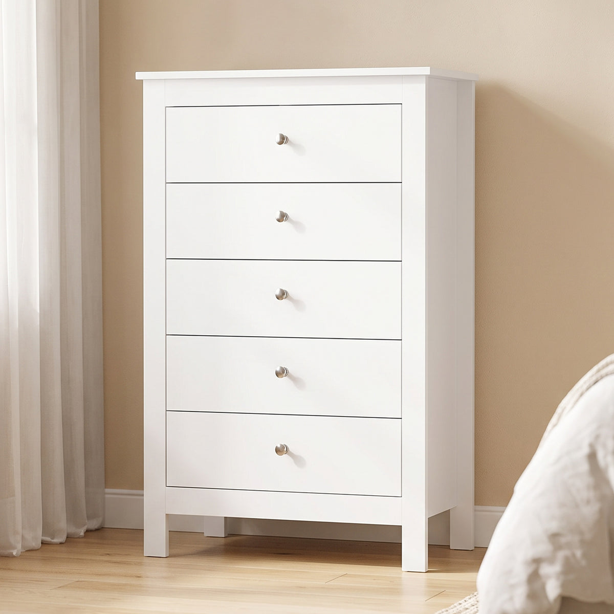 Commode 5 Tiroirs, Meuble de Rangement avec Glissières Fluides, Chiffonnier, Style Moderne, 60 x 39,5 x 95,3 cm, Blanc-1