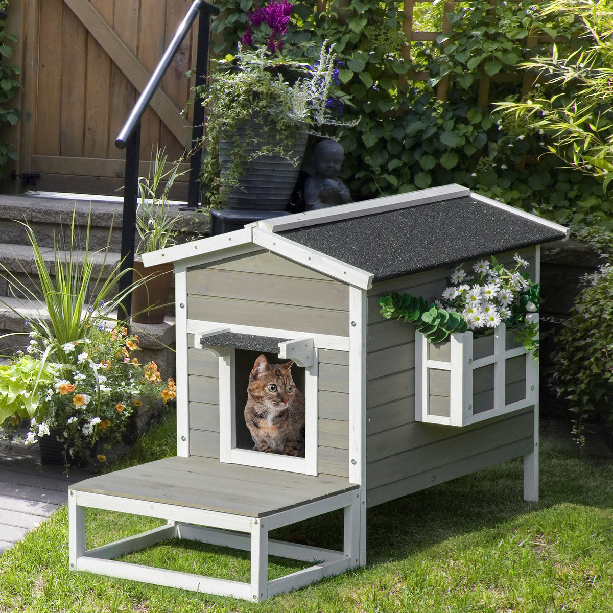 Maisonnette pour chats niche extérieure surélevé avec terrasse étanche en bois, dim. 115L x 66,5P x 74,7H cm, gris-1
