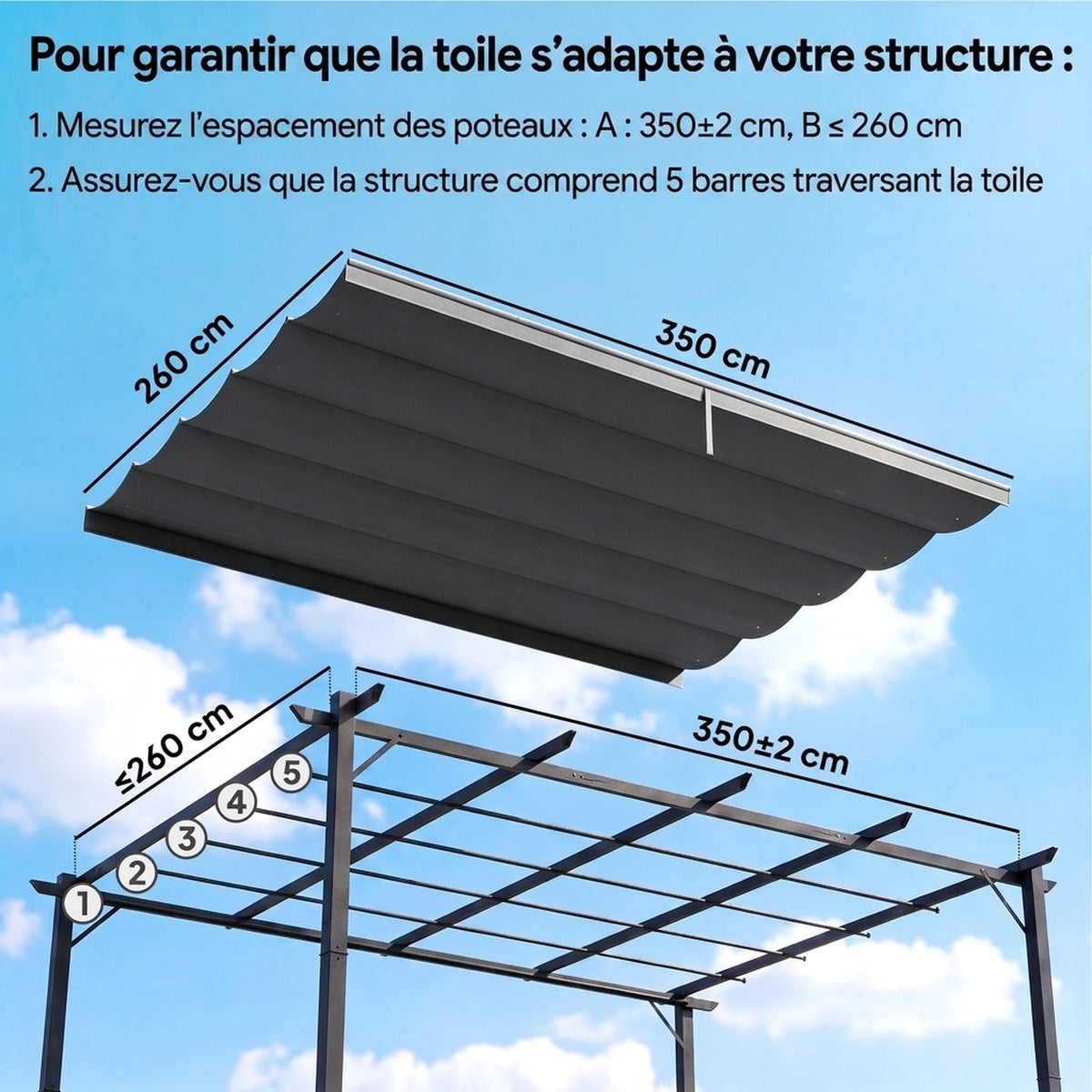 Toile de toit pour pergola tonnelle rétractable de 4 x 3 m - toile uniquement 350 x 260 cm gris foncé-3