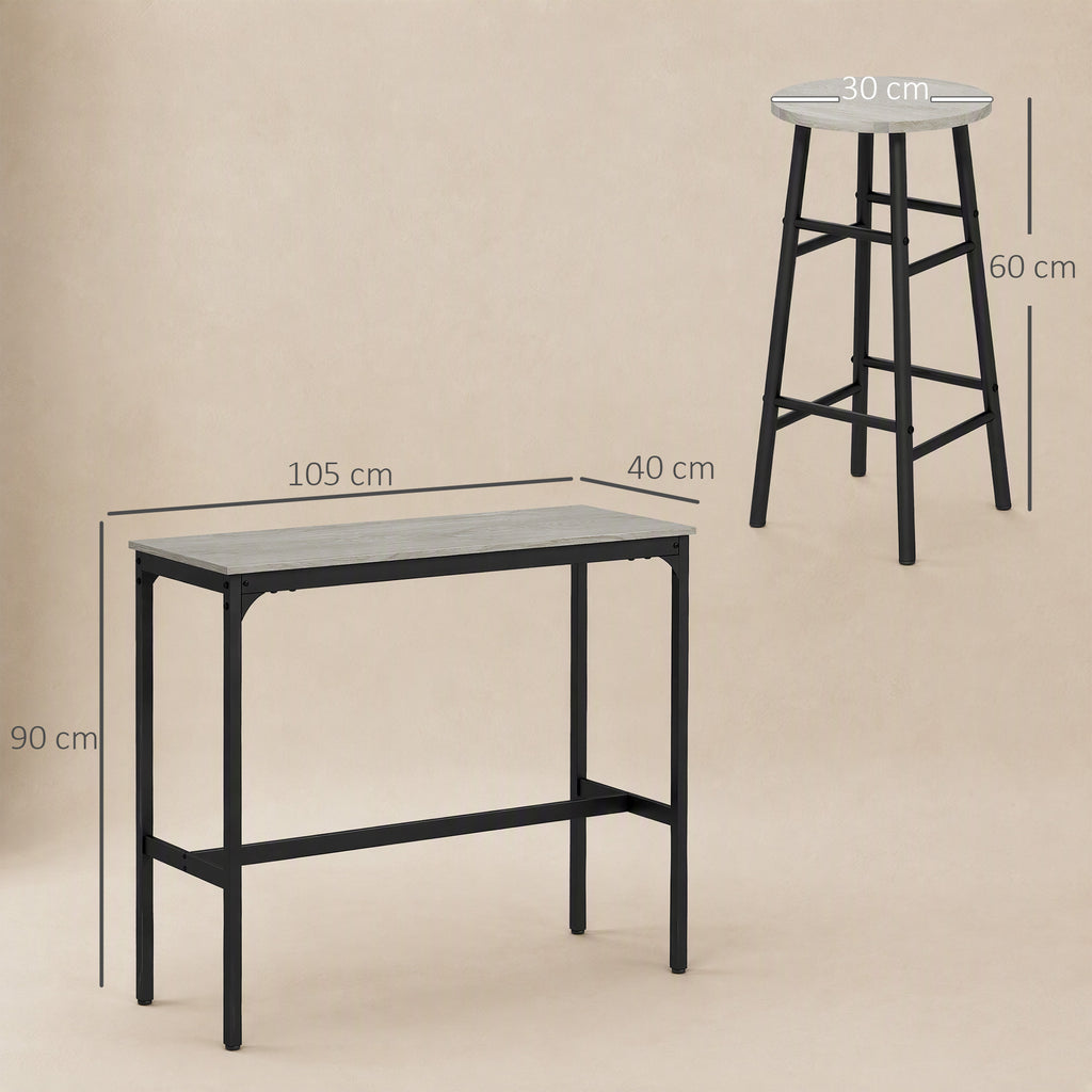 Ensemble table haute de bar + 2 tabourets structure en acier plateau aspect effet bois gris 2 personnes noir-2