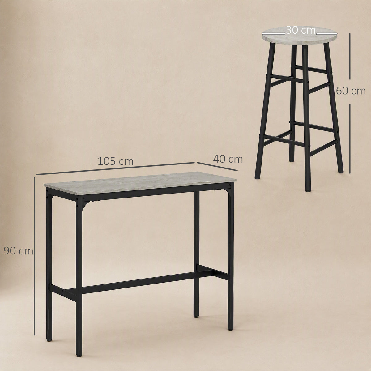 Ensemble table haute de bar + 2 tabourets structure en acier plateau aspect effet bois gris 2 personnes noir-2