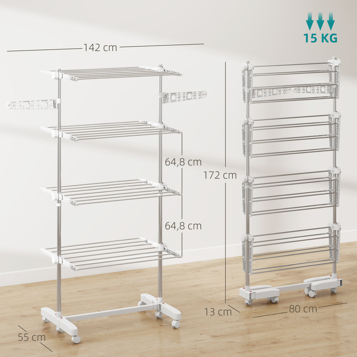 Étendoir à Linge 4 Niveaux, Sechoir a Linge avec 6 Roulettes, Pliable, Cadre en Acier Inoxydable et Ailes Latérales, pour Intérieur Extérieur, 142 x 55 x 172 cm, Blanc-2