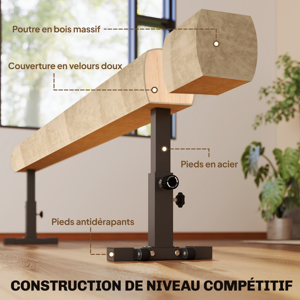 Poutre de Gymnastique 226 cm Antidérapant, Hauteurs Réglable, avec Roulettes, en Acier et Bois Massif, Marron-3