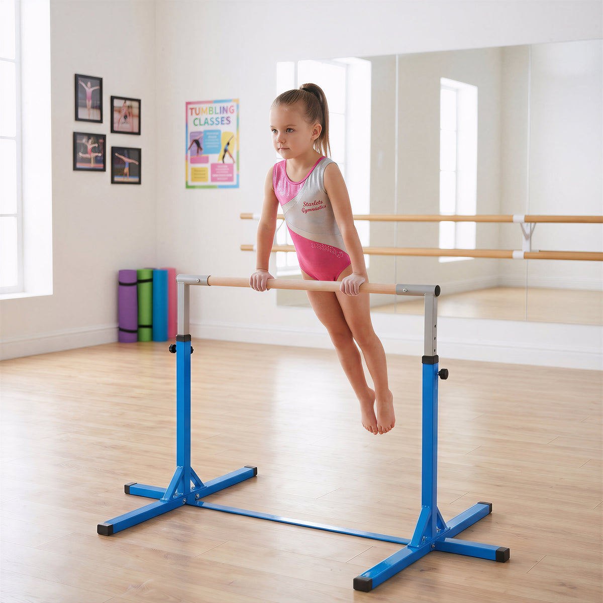 Barre fixe de gymnastique enfant - barre de gymnastique hauteur réglable 13 niveaux 92 à 150 cm - acier bleu bois hêtre-1