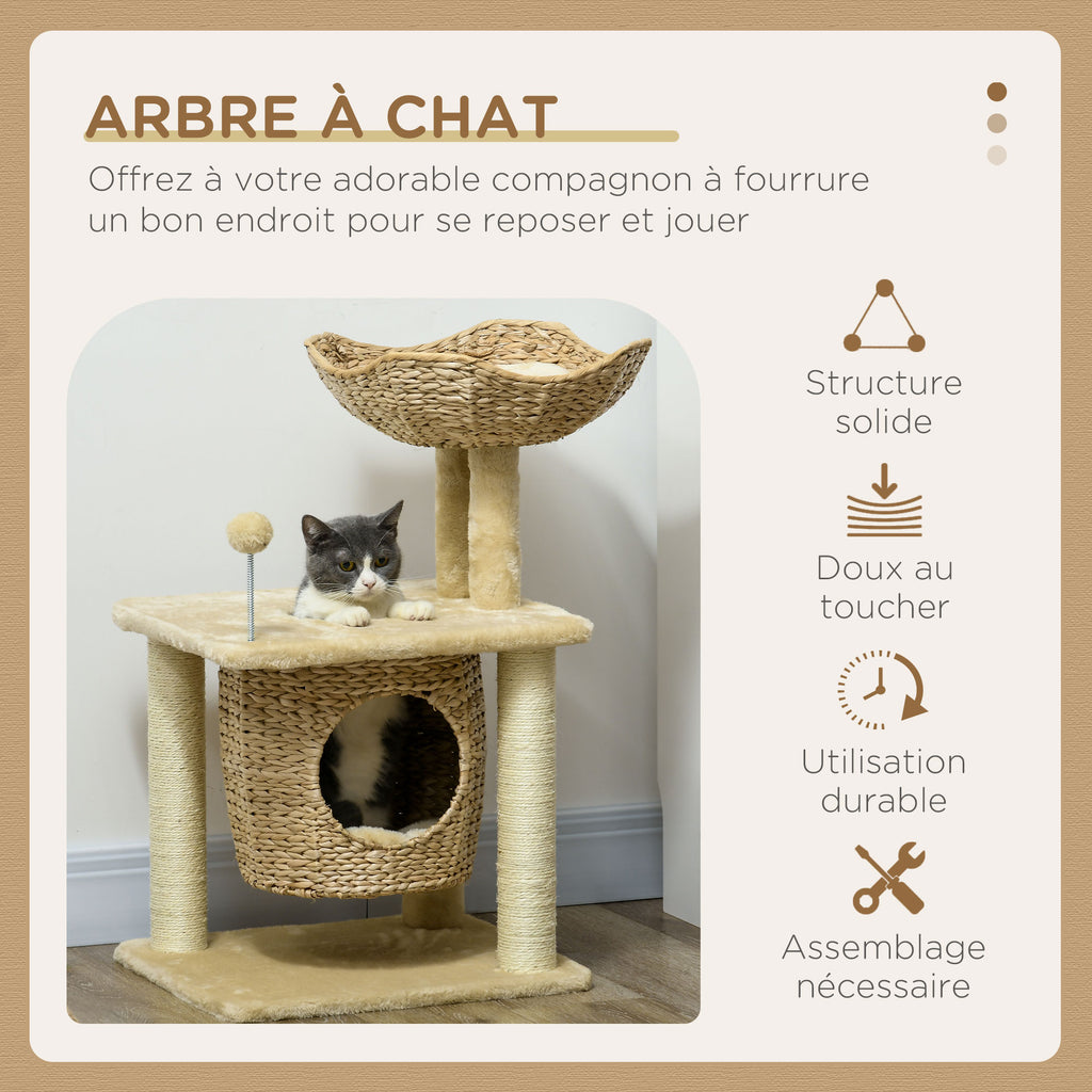 Arbre à chats griffoir sisal naturel 1 niche panier pompon peluche jacinthe d'eau 45 x 40 x 74 cm beige-3