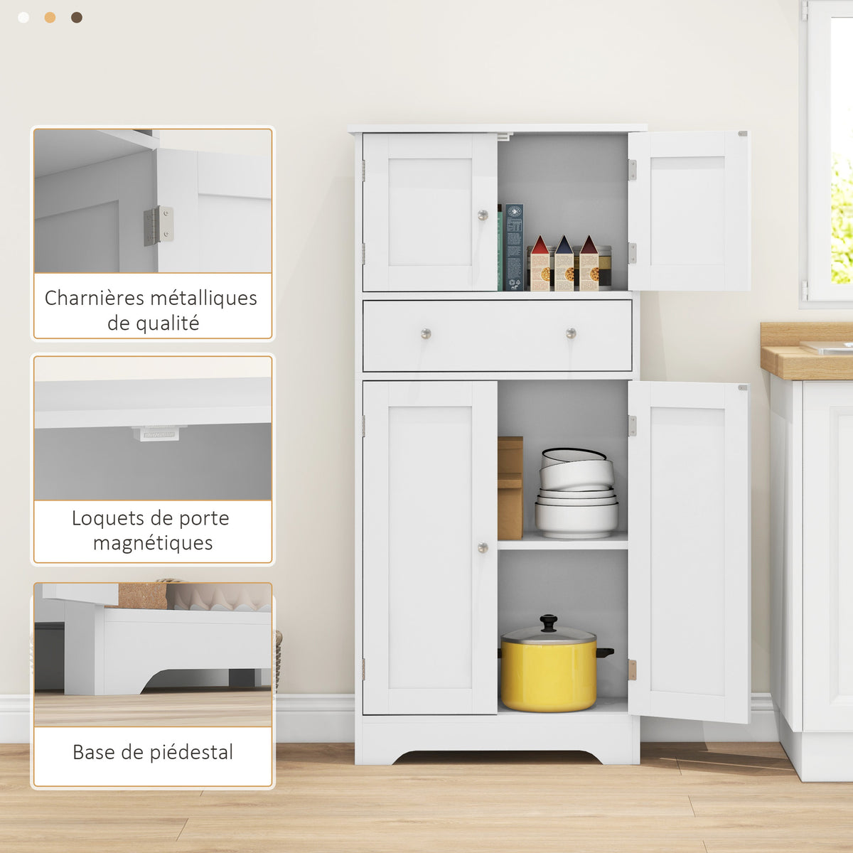 Armoire de cuisine buffet cuisine avec placards, étagères réglables, tiroir, 60 x 30 x 128 cm, blanc-7