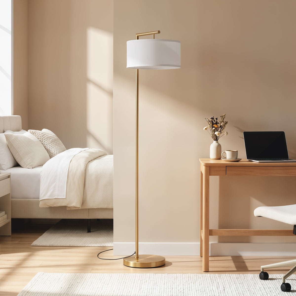 Lampadaire lampe à pied abat-jour en tissu de lin base ronde stable pour salle bureau or et blanc-1