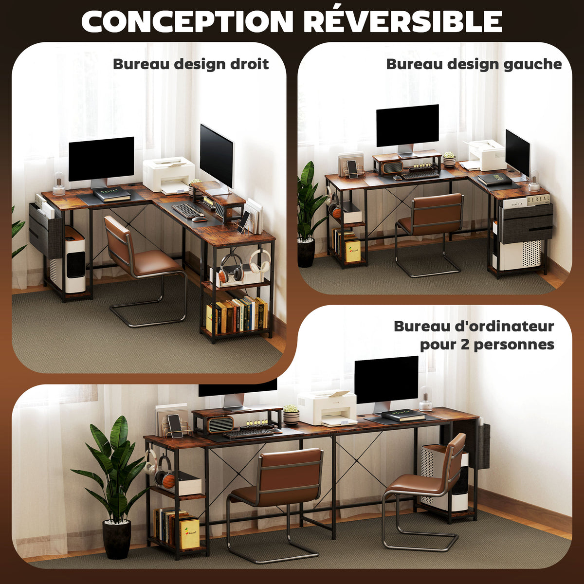 Bureau d'angle réversible, 168-240 cm, bureau d'ordinateur avec étagère réglable, support d'écran, brun rustique-4