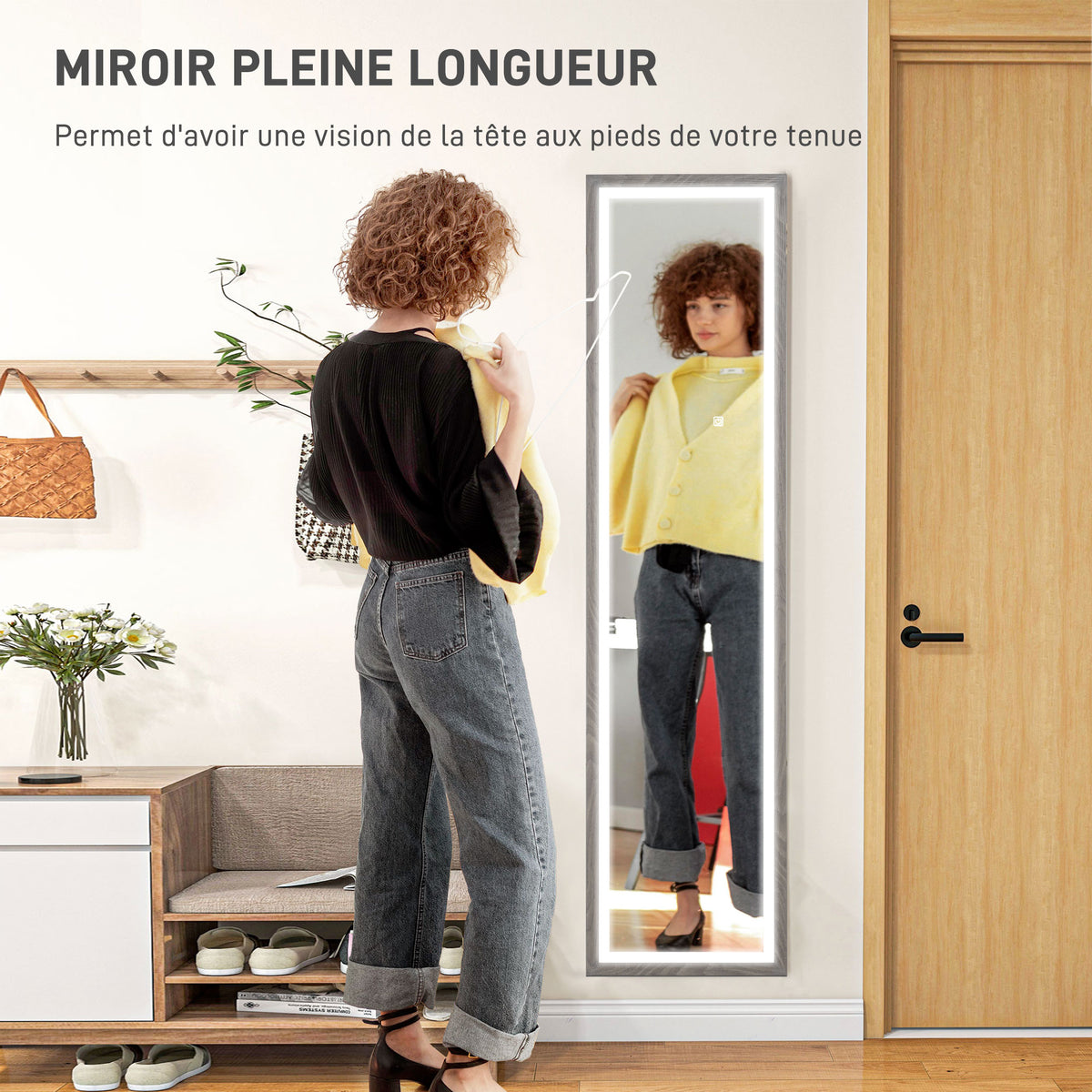 Grand miroir pleine longueur, miroir mural ou sur pied rectangulaire, 40 x 160 cm avec éclairage LED 3 couleurs, gris-3