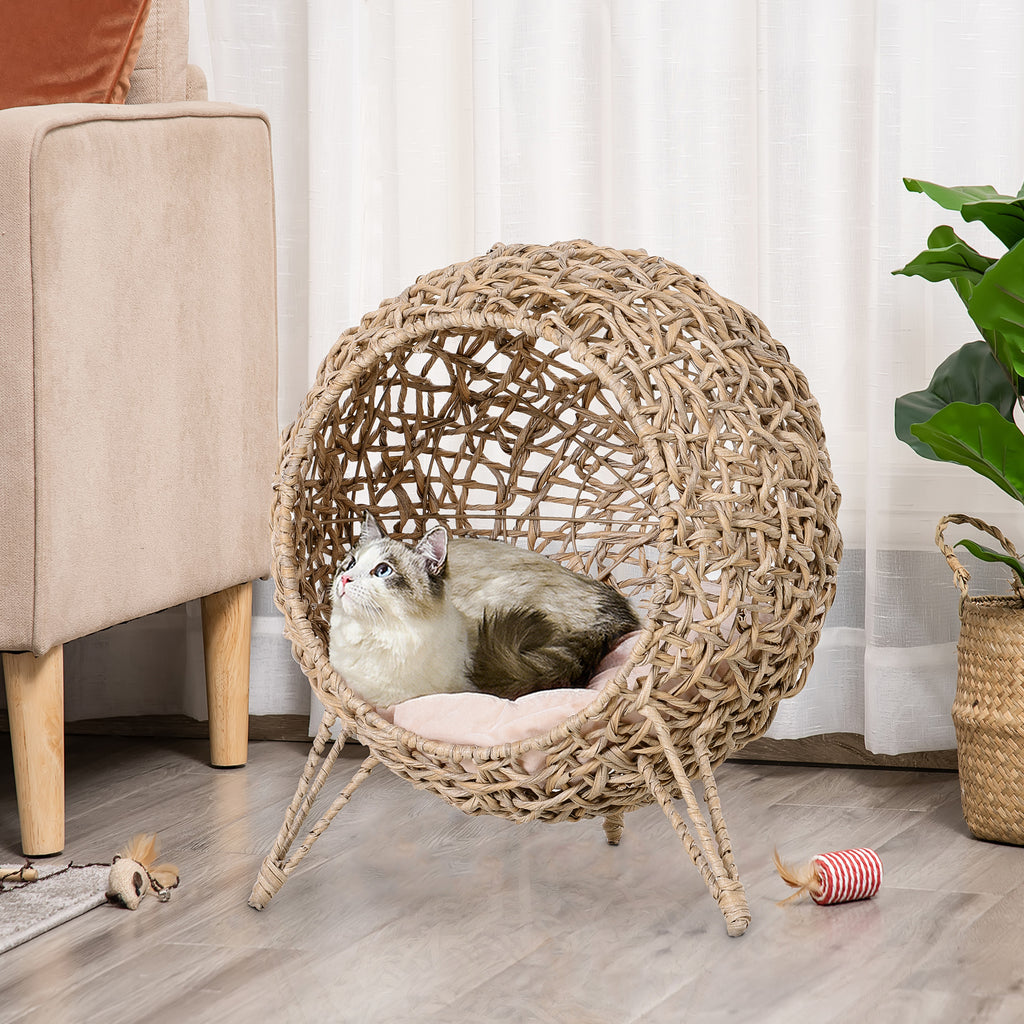 Panier chat lit surélevé chat cosy niche grotte grand confort dim. Ø 52 x 58H cm coussin moelleux inclus résine tressée imitation rotin beige-9