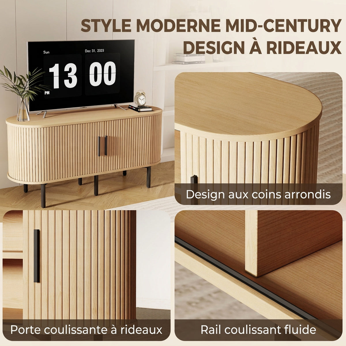 Meuble TV 106 cm, Meuble Télé pour 50 Pouces, 2 Portes Coulissantes à Tambour 4 Compartiments Étagères Réglables, Chêne-3