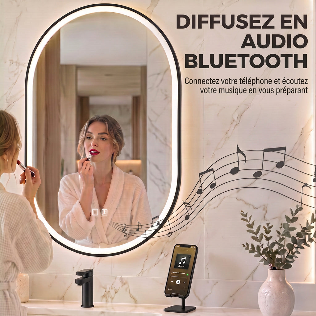 Miroir Salle de Bain Bluetooth avec Éclairage LED 100x70cm Dimmable 3 Couleurs, Interrupteur Tactile, Anti-Buée, Noir-3
