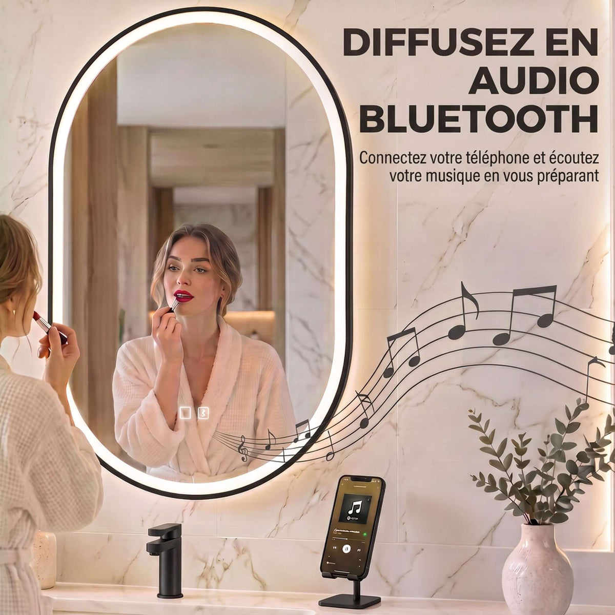 Miroir Salle de Bain Bluetooth avec Éclairage LED 100x70cm Dimmable 3 Couleurs, Interrupteur Tactile, Anti-Buée, Noir-3
