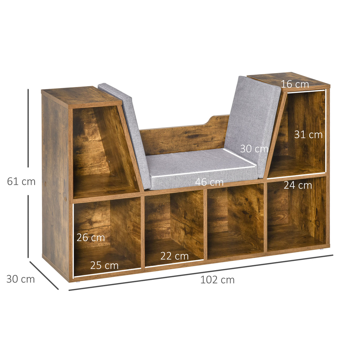 Bibliothèque banc 2 en 1 avec coussins de siège, étagère cube 6 compartiments ouverts, 102 x 30 x 61 cm, brun rustique-2