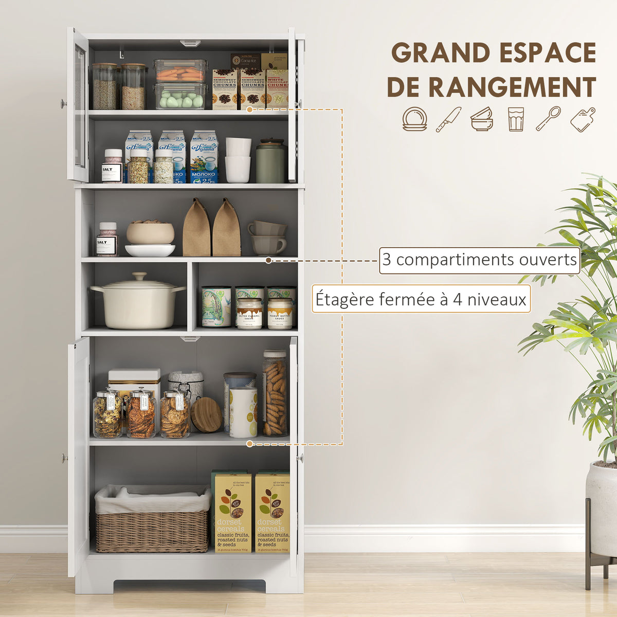 Buffet haut cuisine, armoire de cuisine, 4 portes, niches, étagères réglables, portes en verre, 60 x 30 x 145,5 cm blanc-3