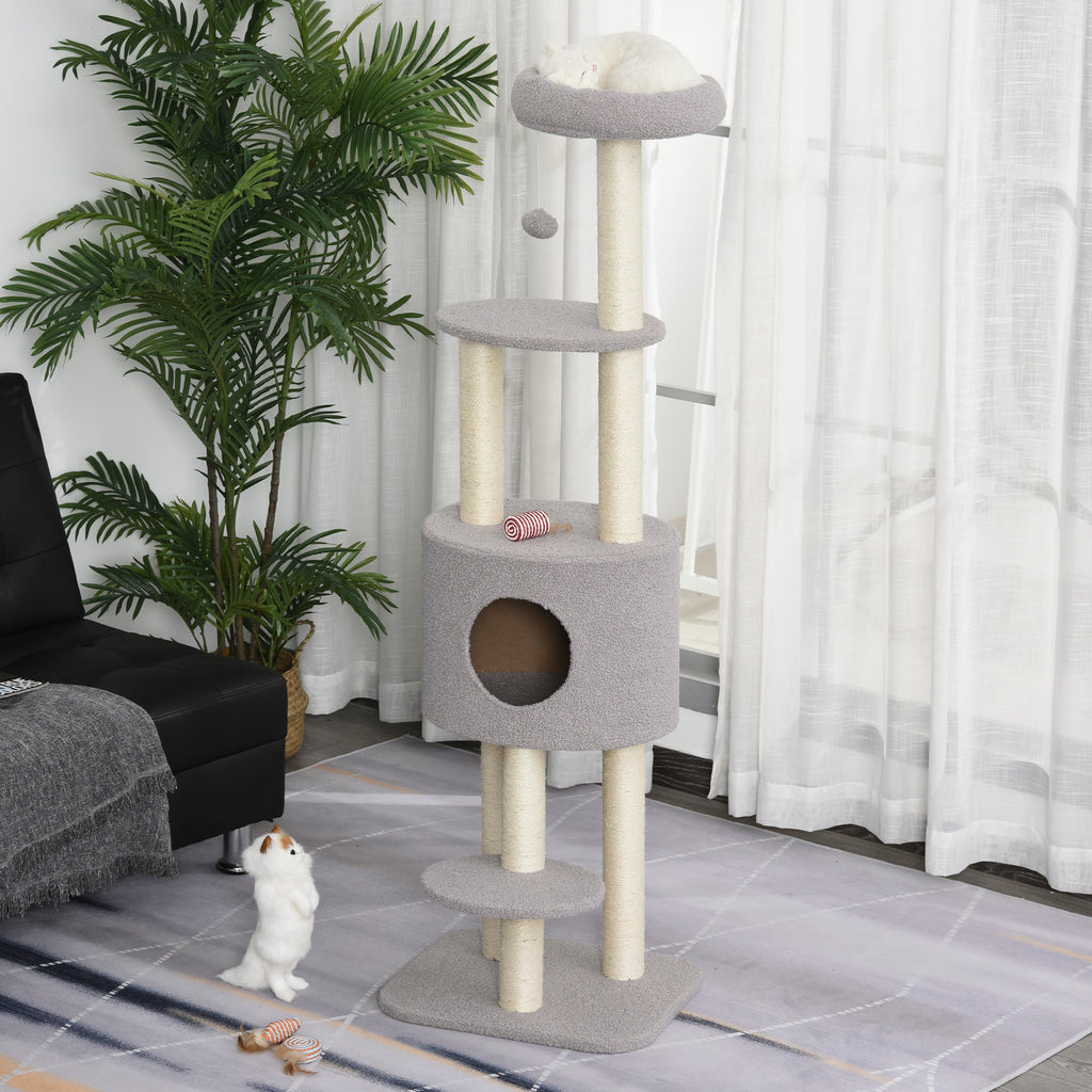 Arbre à chats avec griffoir arbre à grimper pour chat avec niche et plate-formes peluche hauteur 148 cm gris-1