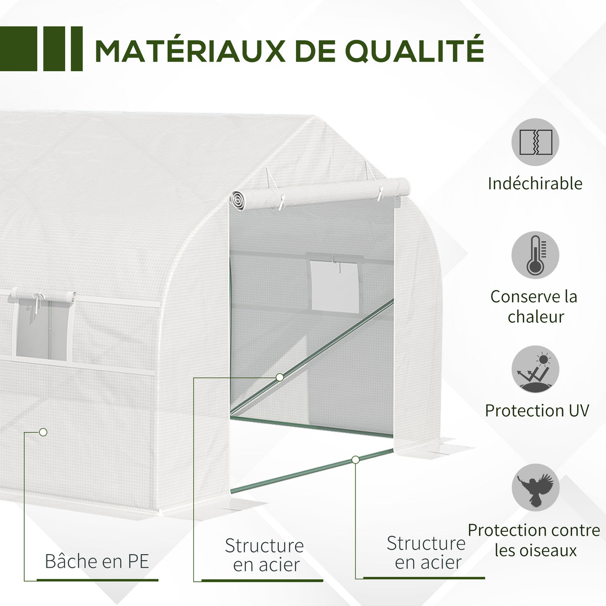 Serre Tunnel de Jardin 18 m² dim. 5,95L x 3l x 2H m Porte + 8 fenêtres enroulables Acier galvanisé bâche PE Haute densité Blanc-3